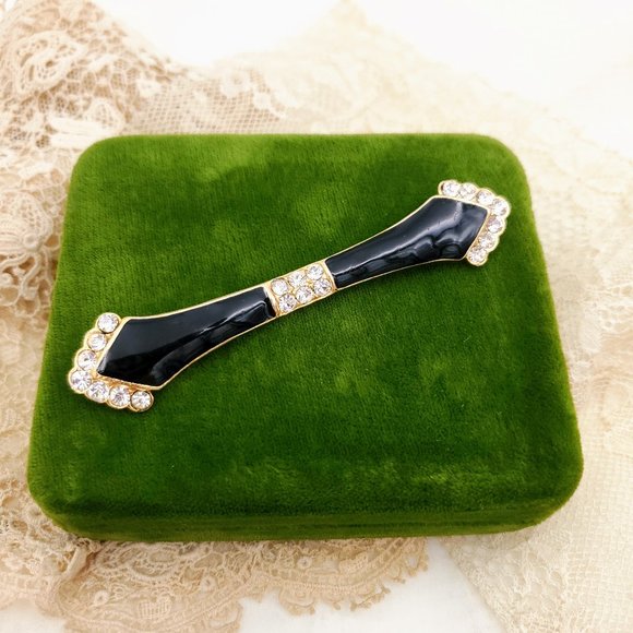 Vintage Art Deco Style Black Enamel Brooch, Rhinestone Collar Bar Pin - Picture 1 of 7